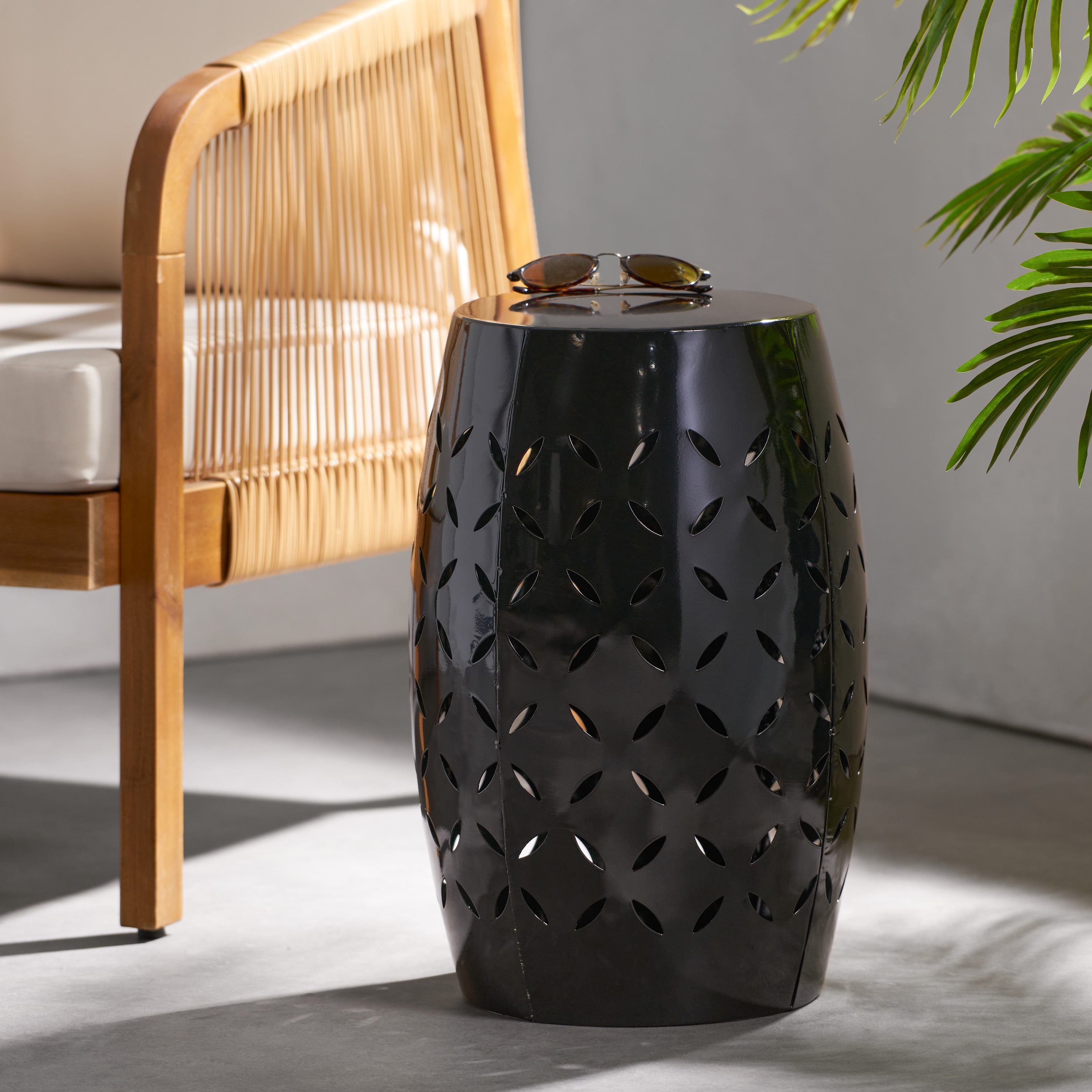 Accent Side Table 12 Inch, Outdoor Cylindrical Design End Table for Patio Balcony, Black