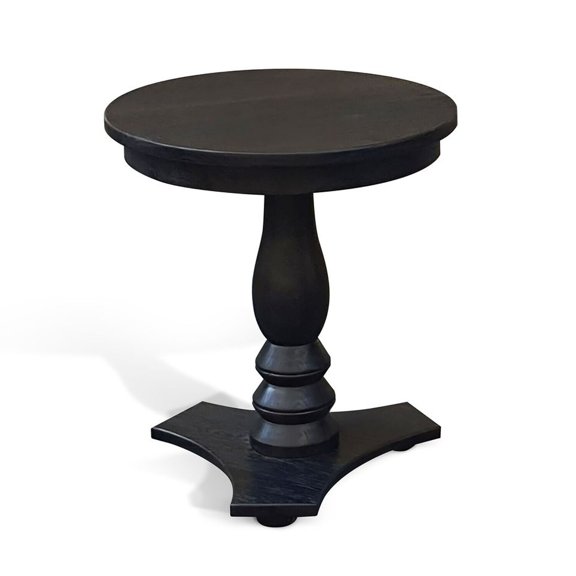 Accent Side Table with Round Black Top and Carved Pedestal Base