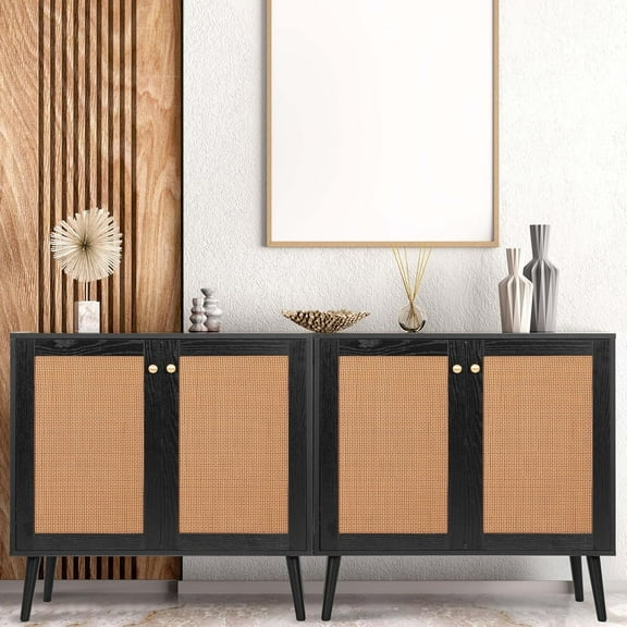 Accent Sideboard Buffet Cabinet, Boho Storage Cabinet with Rattan Doors, Coffee Bar Corner Wood Grain Adjustable Shelves for Dining Room, Kitchen, Hallway, Living Room, Entryway