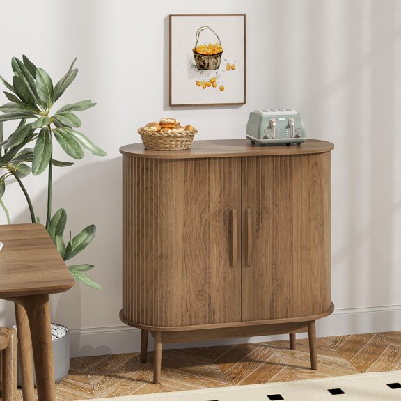 Accent Small Storage Cabine, Buffet Cabinet with Storage, Mid Century Modern Sliding Door Sideboard Cabinet for Kitchen, Entryway (Walnut)