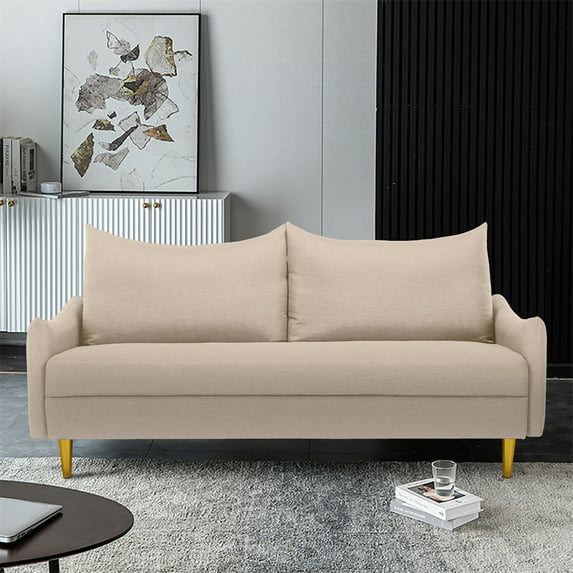 Accent Sofa Chair, Modern Linen Upholstered Twin Size Loveseat Sofa with 2 Pillows and Golden Metal Legs, Living Room Sofa Couch with Detached Curved Armrests for Apartment Bedroom, Beige
