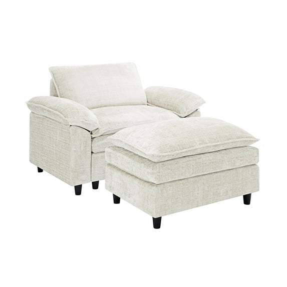 Accent Sofa Chair with Ottoman, Comfy Oversized Single Sofa, Couch Deep Seat Lounge Chair, Upholstered Armchair for Living Room/Bedroom/Office/Apartment, Beige