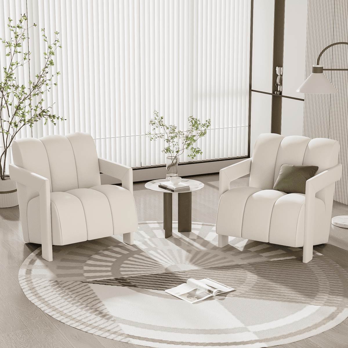 Accent Sofa Chair Set of 2, Modern Armchair with L-shaped Armrest, Upholstered Club Seat Chair Arm Chairs Living Room Side Chairs for Bedroom Living Room Office Apartment, White