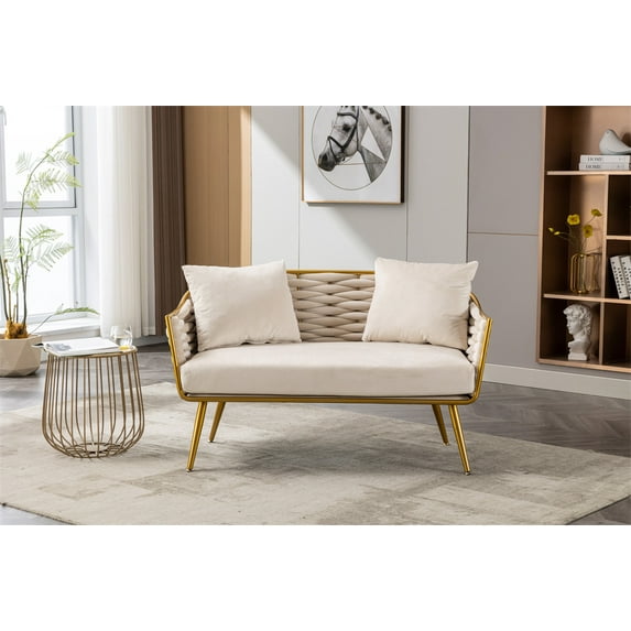 Accent Sofa, Modern Velvet Upholstered Loveseat Sofa with 2 Pillows, Comfy Living Room Sofa with Golden Metal Legs and Woven Backrest for Bedroom Office Balcony, Beige
