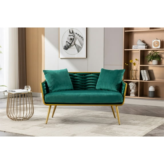 Accent Sofa, Modern Velvet Upholstered Loveseat Sofa with 2 Pillows, Comfy Living Room Sofa with Golden Metal Legs and Woven Backrest for Bedroom Office Balcony, Emerald