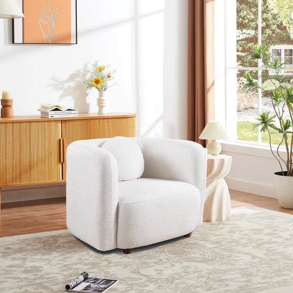 Accent Square Sofa Chair, Boucle Fabric Upholstered Single Cloud Couch Chair, Japandi Style Armchair For Living Room, 1 Seater Sofa,White
