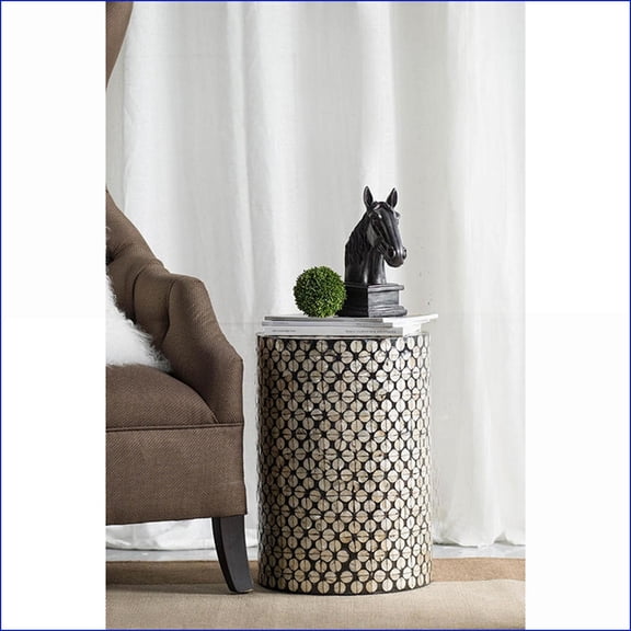 Accent Stool Modern Drum Black/Gold Capiz Shell 14x14x20 Inches | Living Room/Dining/Entryway | Black+Gold | MDF;Capiz