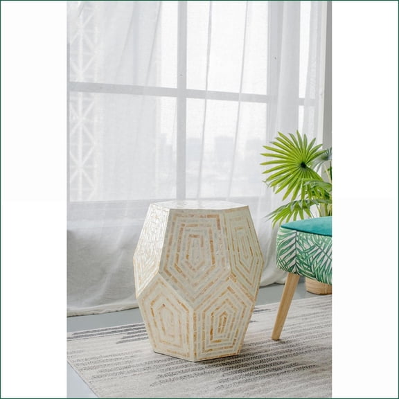 Accent Stools Bohemian Hexagonal Capiz Inlay, 18x18x21 Inch, Living Room Bedroom | Cream & Mustard Yellow | MDF, Capiz