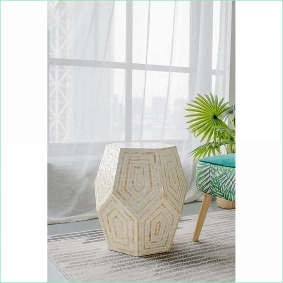 Accent Stool | Coastal Hexagonal | Cream/Mustard Yellow | 18x18x21 Inches | Living Room/Bedroom Side Table | MDF, Capiz