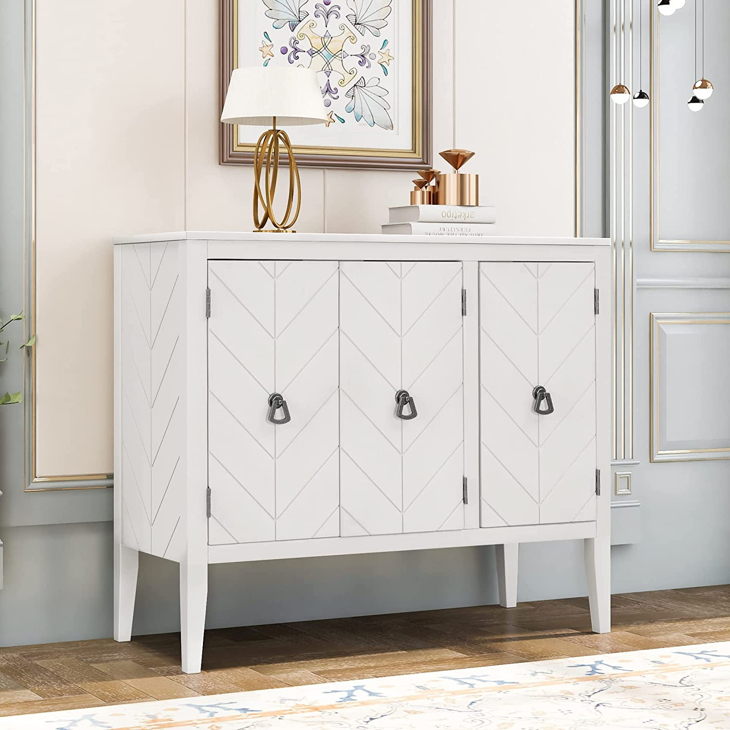 Accent Storage Buffet With 3 Doors, Adjustable Shelf, Solid Wood Legs, Sideboard