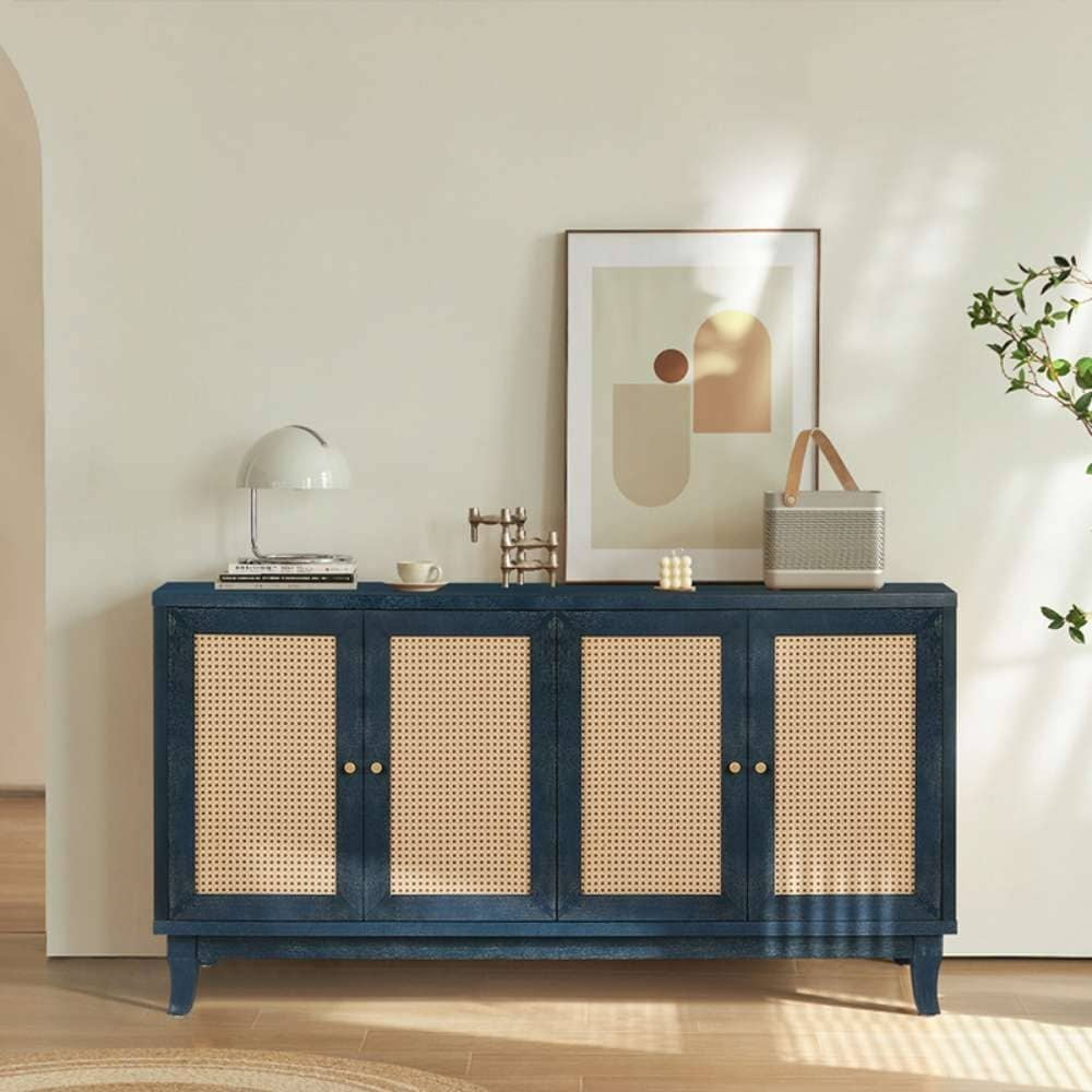 Antique Blue Rattan Door Wooden Sideboard Cabinet