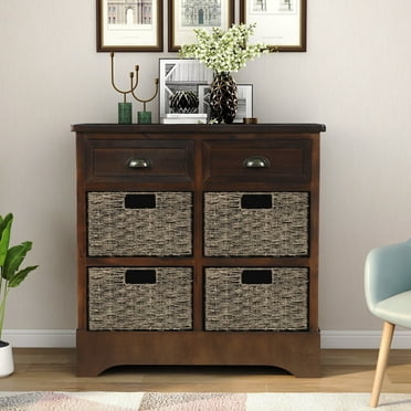 Accent Storage Cabinet, Wooden Storage Chest with Two Drawers and Four Classic Removable Rattan Baskets, Rustic Home Furniture for Kitchen, Dining Room, Living Room, Entryway, Hallway - Espresso