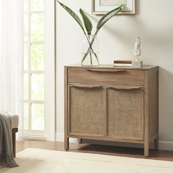 Accent Storage Chest - Solid Wood Frame, Cane Webbing Front, Hidden Lock, Reclaimed Finish, Appealing And Functional Doors, Spacious Interior Drawer