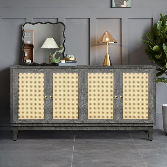 Accent Storage Sideboard with 4 Rattan Doors Handcrafted Panels Boho Style Buffet Wooden Console Cabinet for Living Room Entryway(Antique Dark Gray)