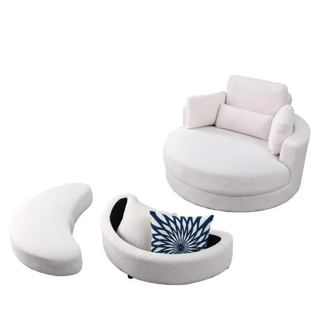 Accent Swivel Barrel Chair with Storage Ottoman, 51“ Round Accent Chair Lounge Chair with Pillows, Upholstered Linen Fabric Oversize Sofa Chair Reading Chair, for Bedroom, Hotel, Ivory