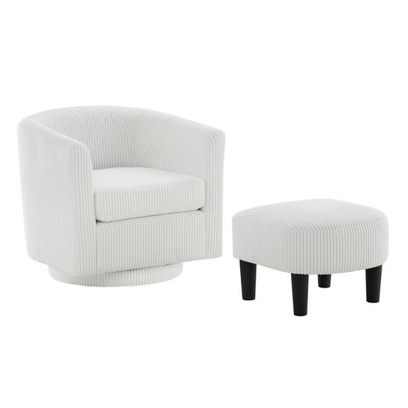 Accent Swivel Chair And , White, Corduroy Upholstery, For Bedroom Use 360° Rotating With Cover, Rubber Wood Plywood Frame