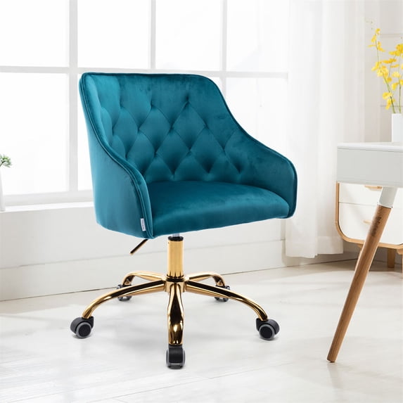 Accent Swivel Desk Chair, Height Adjustable Armchair with Button Tufted Back and 5 Wheels, Shell Office Chair for Bedroom, Living Room, Teal