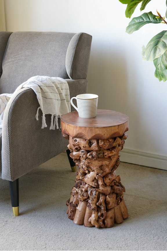 Accent Table, 11.8x11.8x18.9 Inch Brown Mulberry and Paulownia Solid Wood Side Table with Organic Tree Root Base, Hourglass Pedestal for Living Room, Bedroom, Rustic Wabi-Sabi Style
