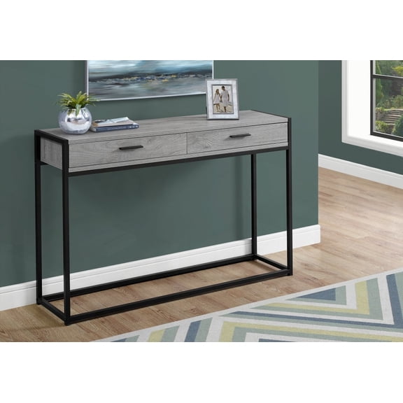 Accent Table with 2 Large Storage Drawers on Metal Glides and Sleek Black Handles, for Living Room & Bedroom, Grey Laminate & Black Metal, Contemporary