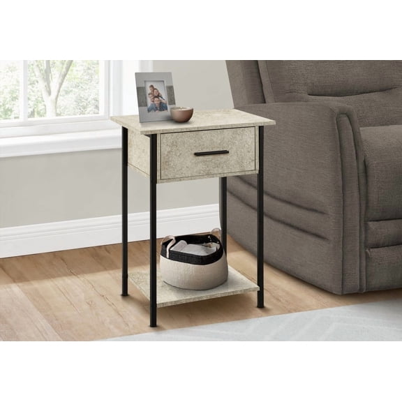 Accent Table, 2-Tier, Contemporary, Cream Stone Laminate, Black Metal, Storage Drawer, Living Room Side Table