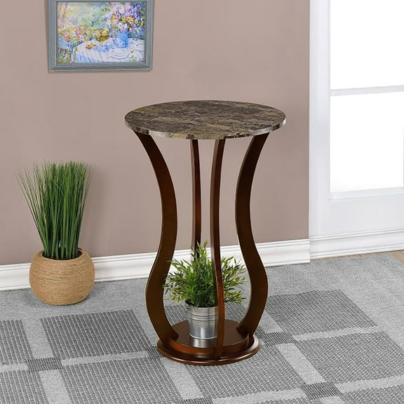 Accent Table, 28.5 inch Round Plant Stand with Faux Marble Top and Wooden Base for Living Room