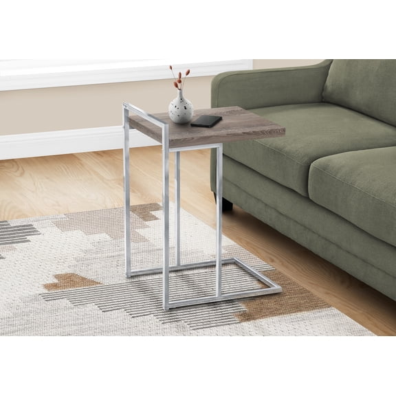 Accent Table, C-Shaped, End, Side, Snack, Living Room, Bedroom, Brown Laminate, Chrome Metal, Contemporary, Modern