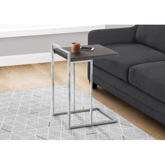 Accent Table, C-Shaped, End, Side, Snack, Living Room, Bedroom, Grey Laminate, Chrome Metal, Contemporary, Modern