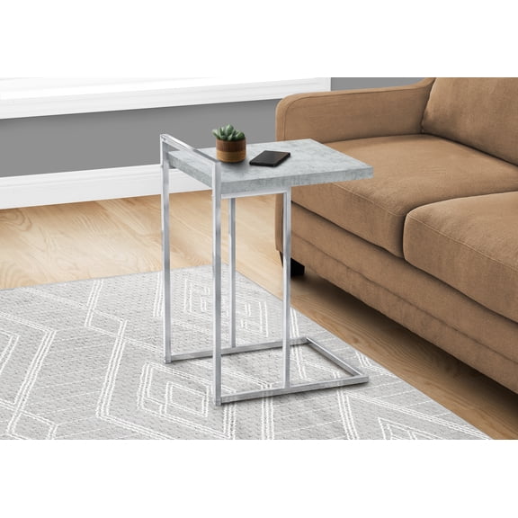 Accent Table, C-Shaped, End, Side, Snack, Living Room, Bedroom, Grey Laminate, Chrome Metal, Contemporary, Modern