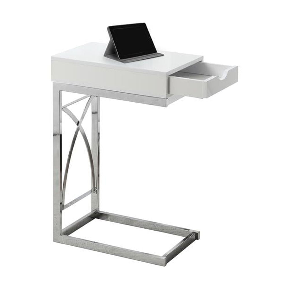 Glossy White Contemporary C-Shaped Snack Side Table with Storage