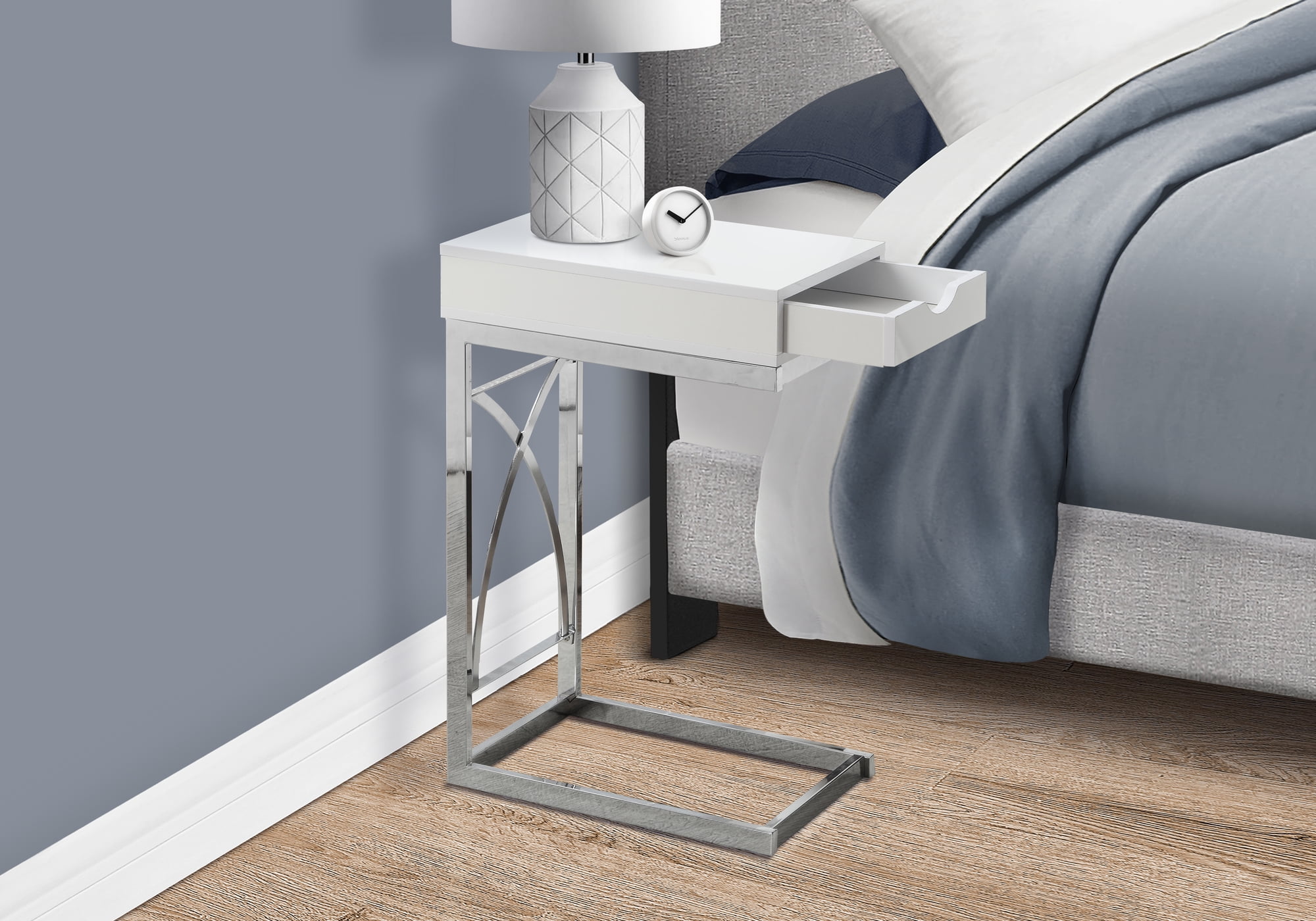 Glossy White Contemporary C-Shaped Snack Side Table with Storage
