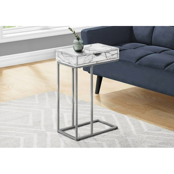 C-shaped Living Room/Bedroom Accent Table, Storage Drawer, White Marble Look, Grey Metal Base, Modern Design