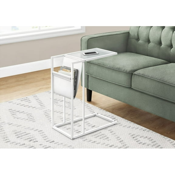 Accent Table, C-shaped, Sofa Side, End, Snack, Magazine Storage, White Leather Look, White Metal, Contemporary, Modern