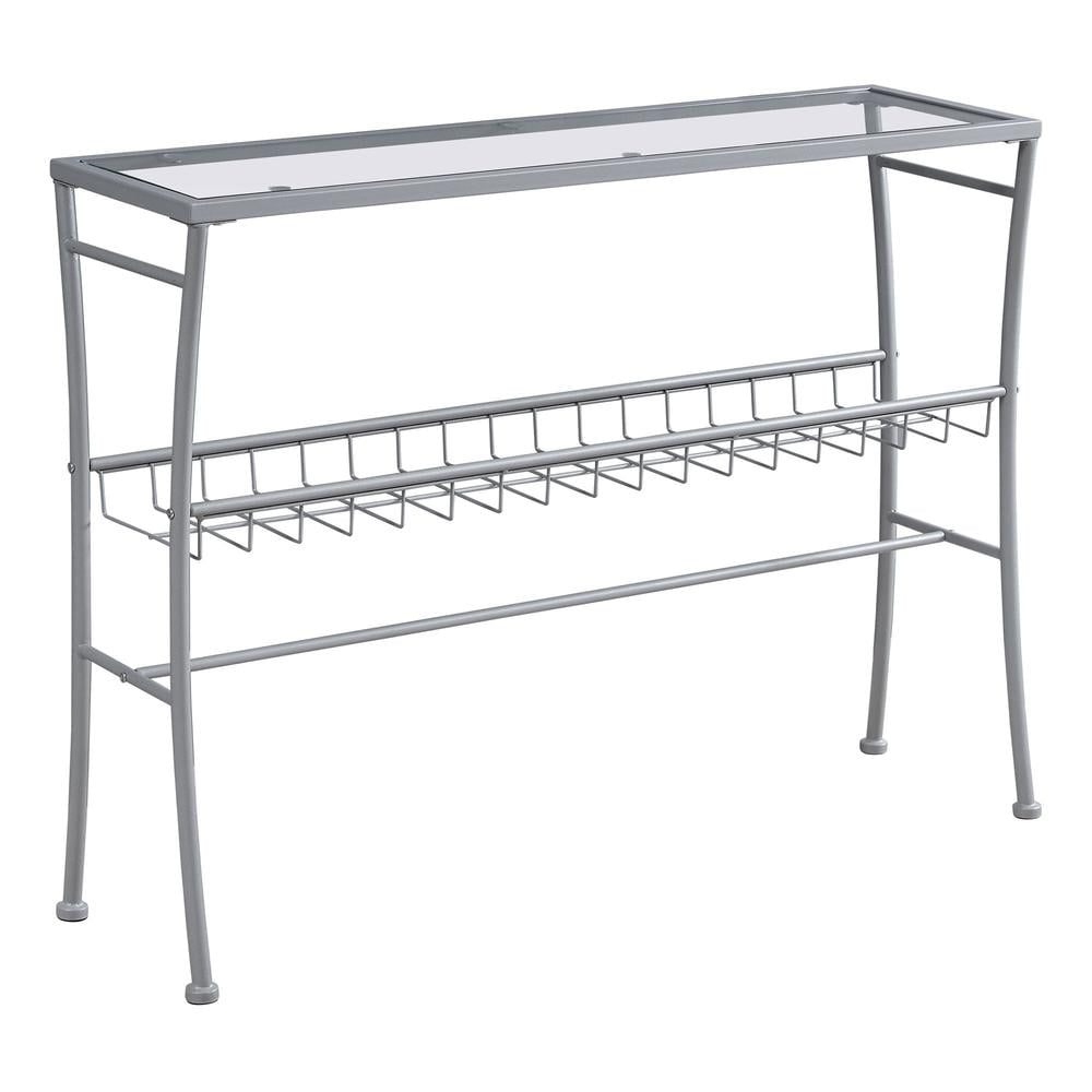 Sleek Silver Metal & Glass Console Table with Storage Shelf