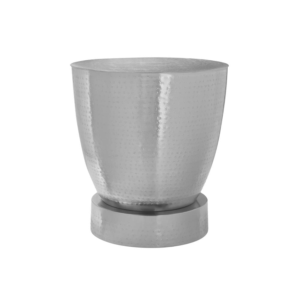 Chrome Hammered Metal Round Drum Accent Table