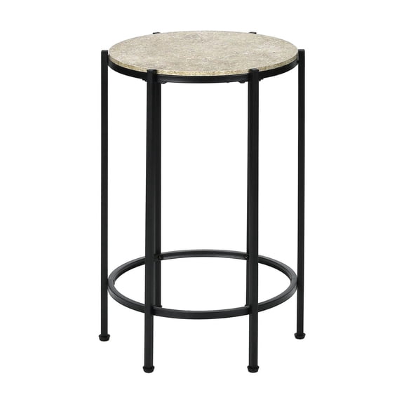 Accent Table, End, Round, Side Table, Small, Lamp, Living Room, Bedroom, Nightstand, Cream Stone Laminate, Black Metal, Contemporary