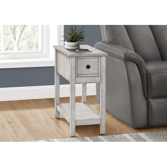 Accent Table, End, Side Table, 2 Tier, Narrow, Bedroom, Lamp, Storage Drawer, Grey Veneer, Transitional