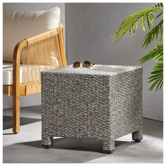Accent Table, PUERTA Outdoor Side Table, 18 Inch Cube Rattan Patio End Table, Weather Resistant Woven Furniture, Minimalist Decor for Balcony, Garden, Living Room