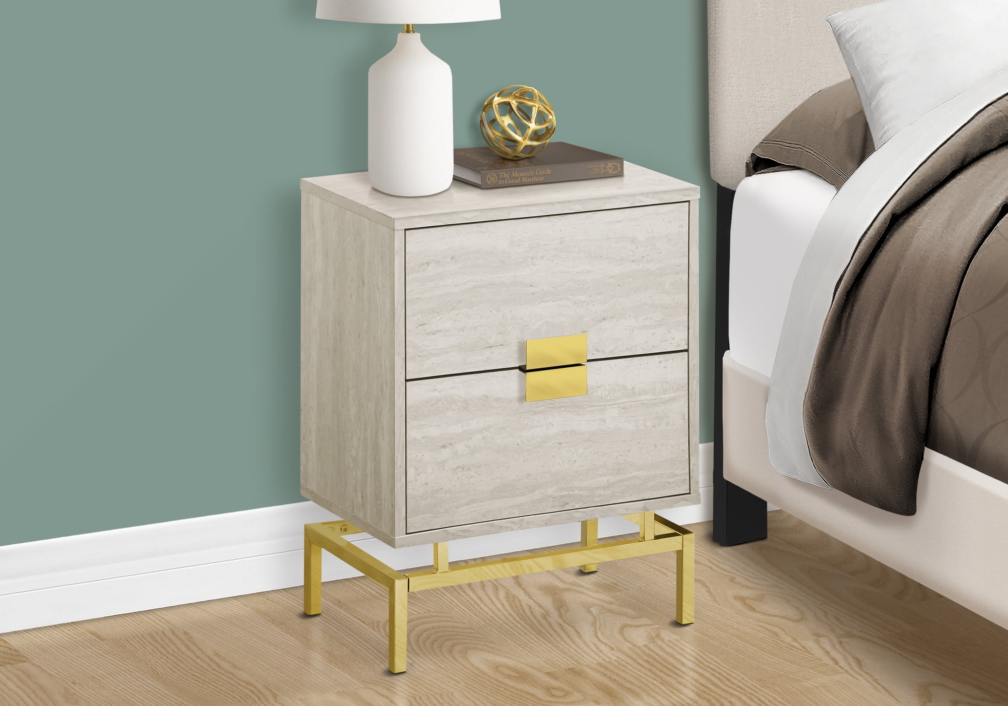 Beige Marble Look 2-Drawer Gold Metal Accent Table