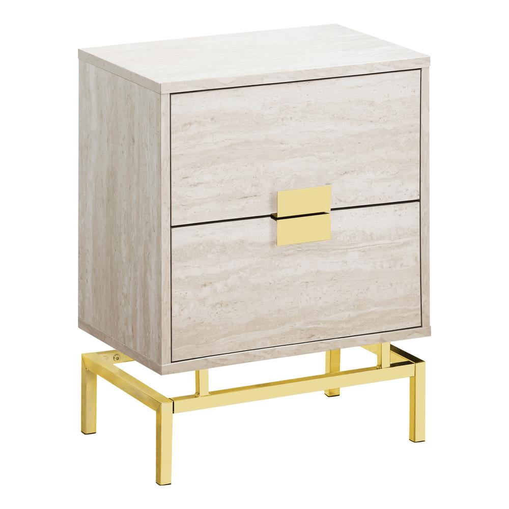 Beige Marble Look 2-Drawer Gold Metal Accent Table