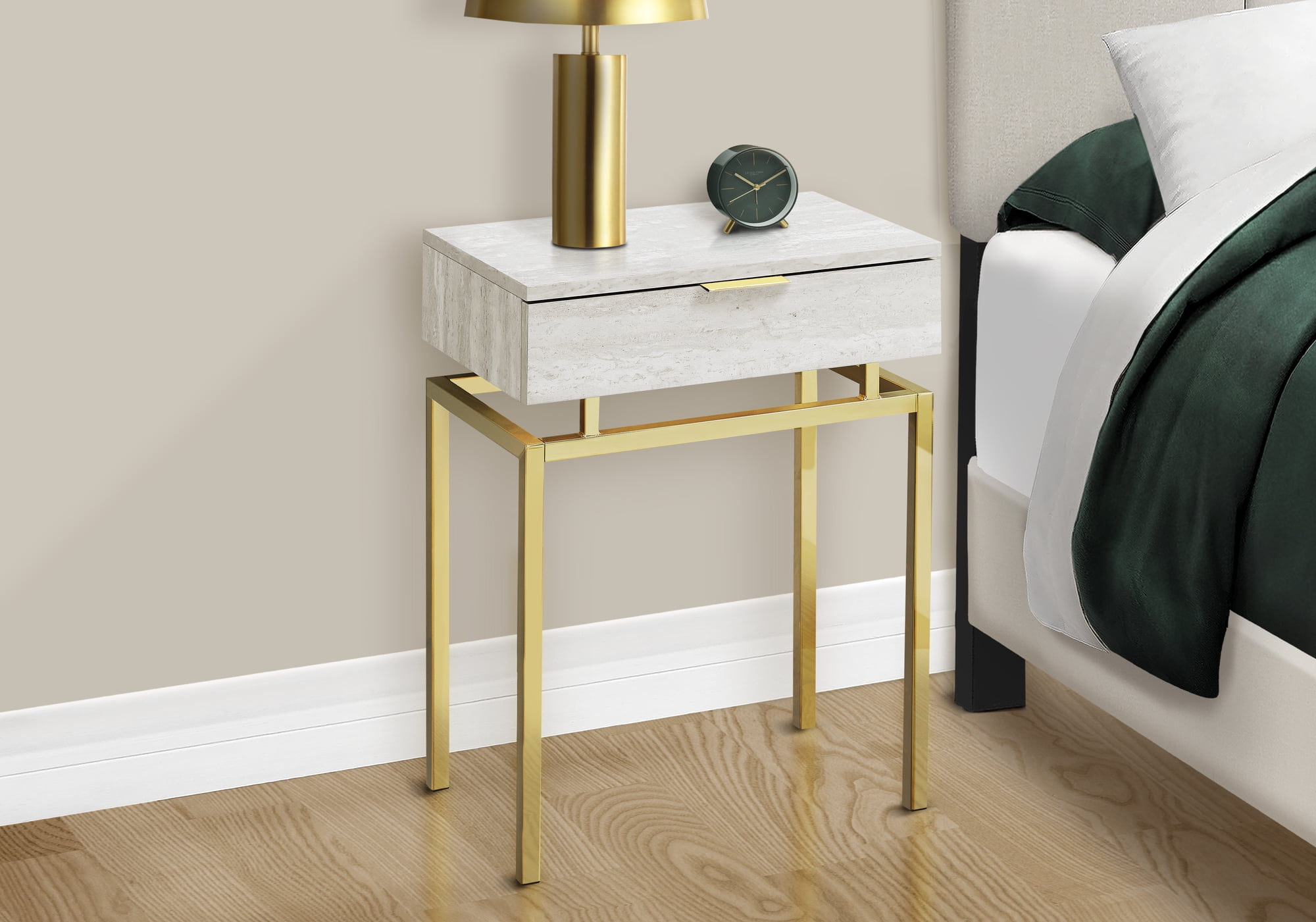 Contemporary Beige Marble and Gold Metal Rectangular Accent Table with Storage