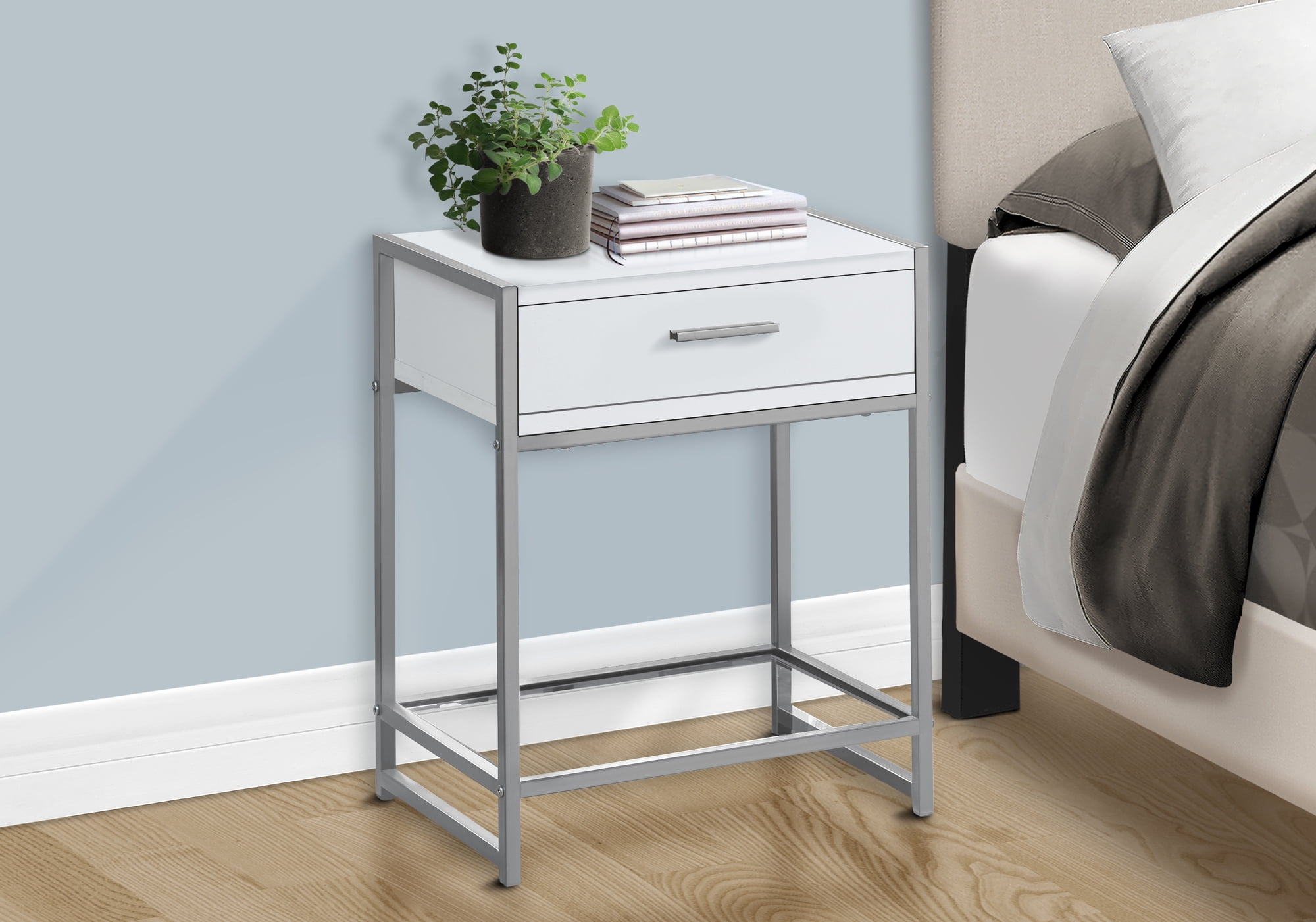 White and Silver Rectangular Metal and MDF Side Table with Storage