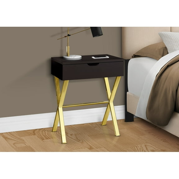 Accent Table, Side, End, Nightstand, Lamp, Storage Drawer, Living Room, Bedroom, Metal, Laminate, Brown, Gold, Contemporary, Modern