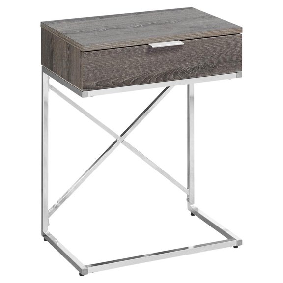 ACCENT END TABLE - 24"H / DARK TAUPE / CHROME METAL WITH DRAWER