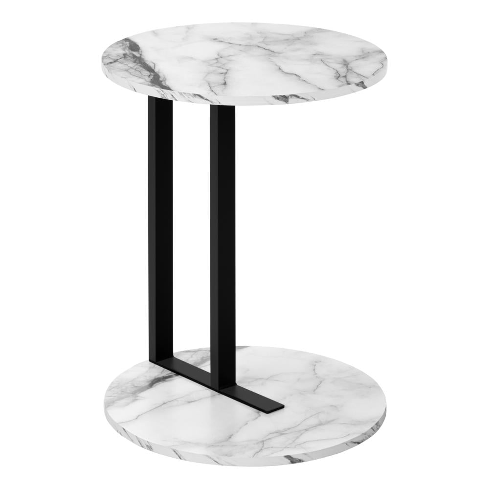 Round White Marble Laminate and Black Metal Accent Table