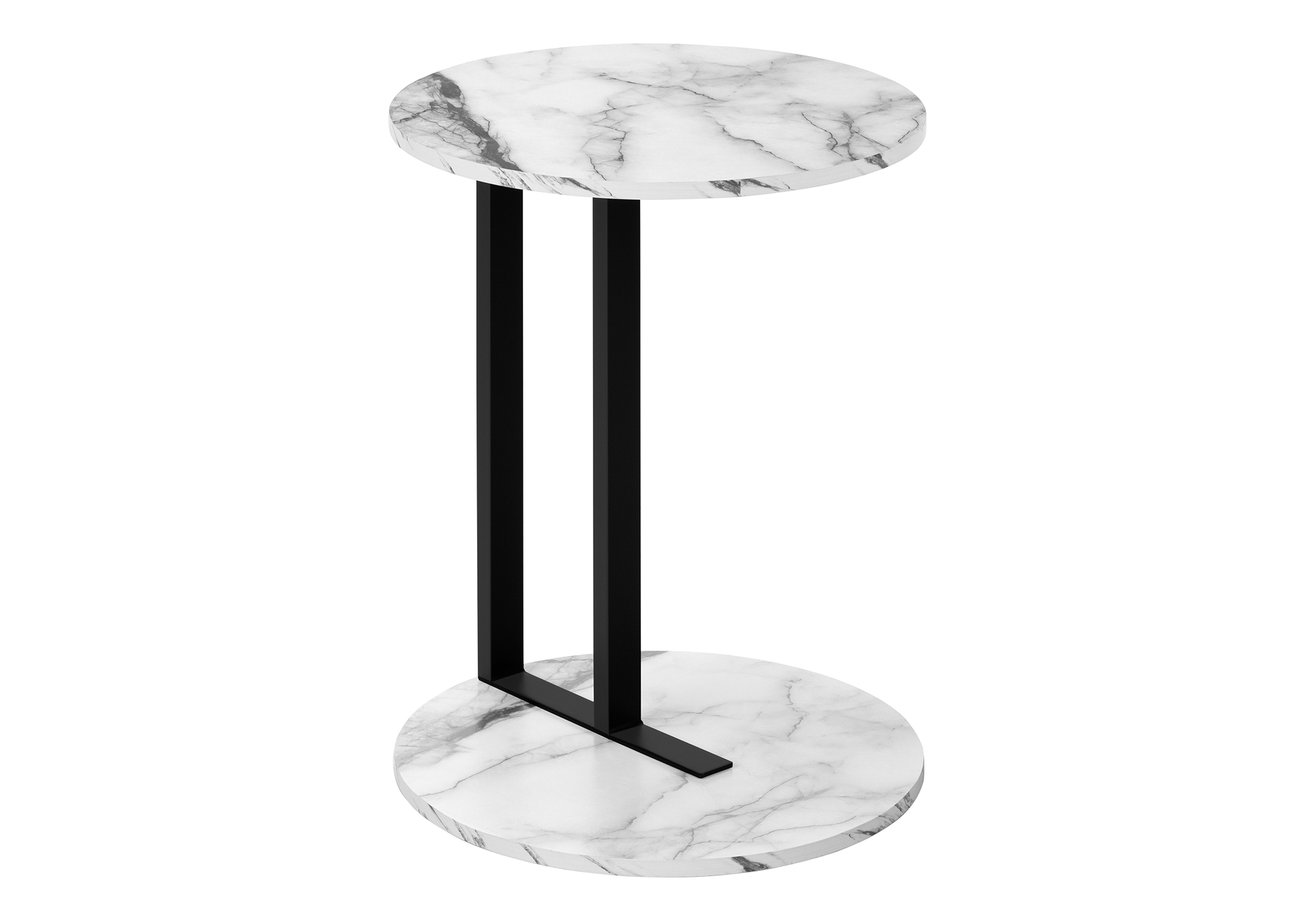 Accent Table, Side, Round, End, Nightstand, Lamp, Living Room, Bedroom, White Marble Look Laminate, Black Metal, Contemporary, Modern