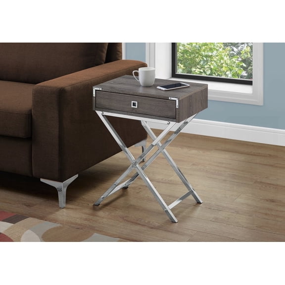 Accent Table for Living Room & Bedroom - Brown Laminate, Spacious Rectangular Top, One Drawer on Metal Glides & Chrome Metal Legs
