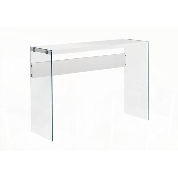 Accent Table for Sofa, Living Room & Bedroom, Narrow, Glossy White Laminate with Clear Tempered Glass, Contemporary Modern Design