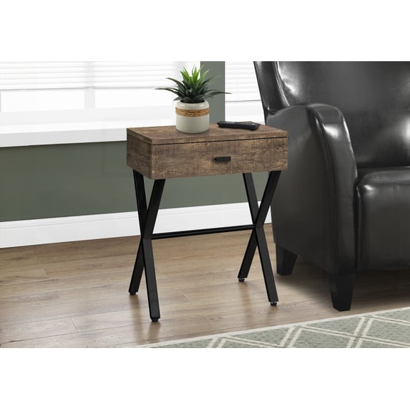 Accent Table in Brown Laminate and Black Metal for Living Room and Bedroom Use