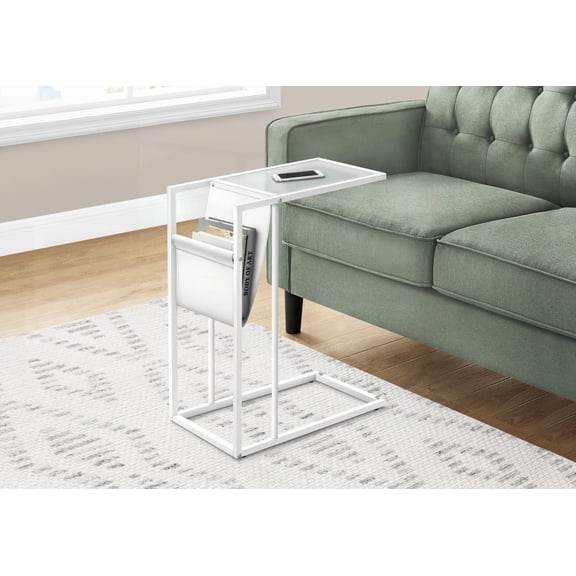 Accent Table in C Shape - Ideal for Living Room & Bedroom, White Leather Look & Metal, Magazine Storage