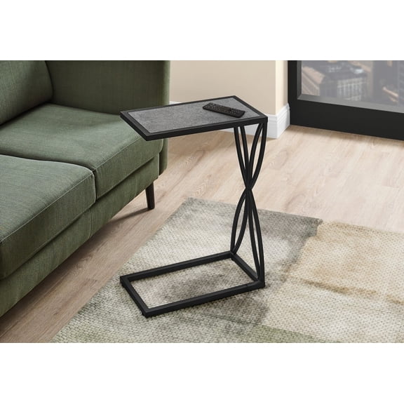 Accent Table in C-shape, Ideal for End, Side, Snack in Living & Bedroom, Grey Laminate & Black Metal, Contemporary Modern